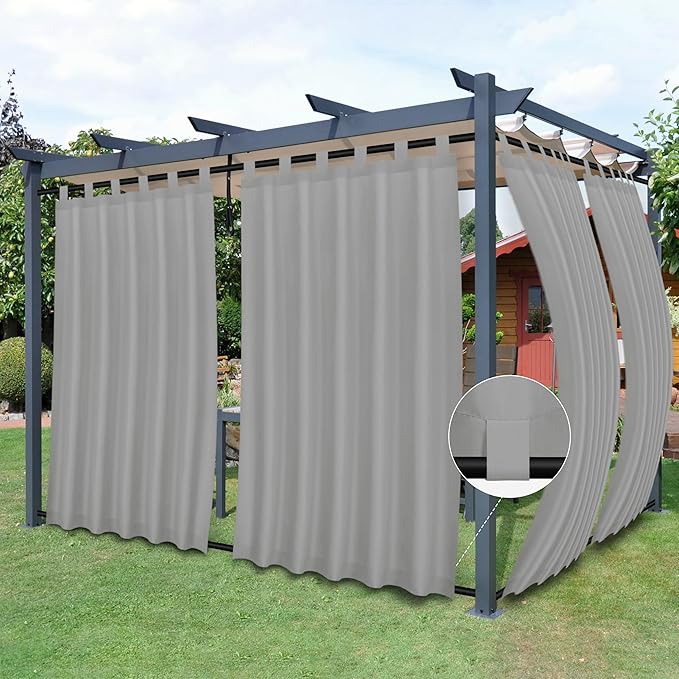 Easy-Going Outdoor Patio Curtains Detachable Tab Top Windproof Weatherproof Curtain for Cabana, Porch, Pergola and Gazebo, Tab Bottom Drape, 2 Panels, 54W x 120L inch, Light Grey