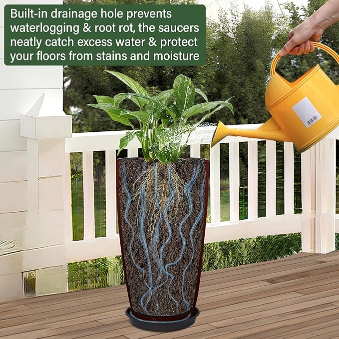 24/21/12 Inch Large Plastic Planter, Lightweight Ceramic-Look Tall Planters with Drain Hole & Saucers, Tall Plastic Planters for Porch, Garden, Patio, Balcony(Fiery Red)