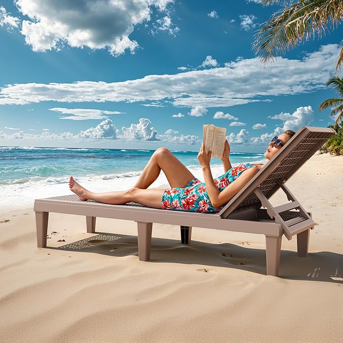 Greesum Outdoor Chaise Lounge Chairs Set of 2 with 5-Position Adjustable Backrest, Waterproof PP Sun Loungers for Garden Pool Beach Patio Deck Sunbathing, Light Coffee