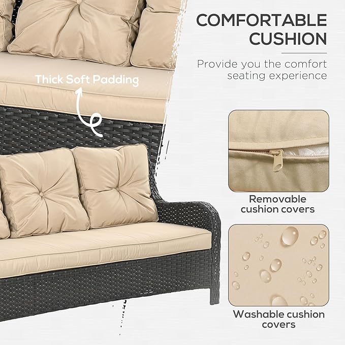Outsunny 3-Seater Outdoor Sofa with 4" Thick Padded Cushions, PE Rattan Patio Outdoor Couch with Curved Armrests for Sunroom, Garden, Poolside, Beige