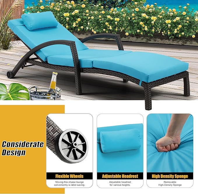 HOMREST Chaise Lounge Chairs Set of 4, PE Rattan Wicker Lounge Chair with Arm and Wheels for Poolside,Blue