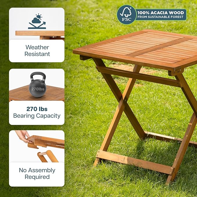 IDZO Legolas FSC Acacia Wooden Folding Table, Heavy Duty 270lbs Capacity, Elegant & Rustic Design for Garden, Backyard, Porch, Patio, Easy Assembly