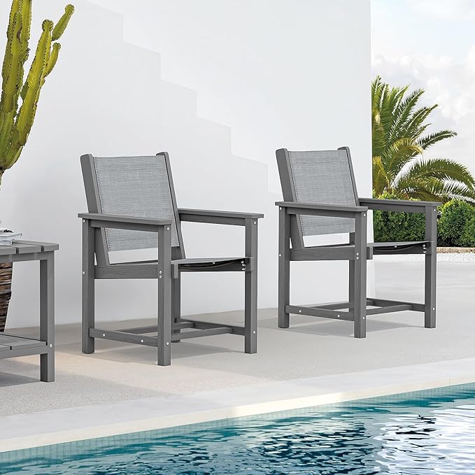 SERWALL Textilene Outdoor Dining Chair Set of 2, HDPE Frame with Textile Chair Seat, Holds up to 300 LBS, All Weather Resistant Chairs for Lawn, Garden, Yard and Poolside, Gray, Grey