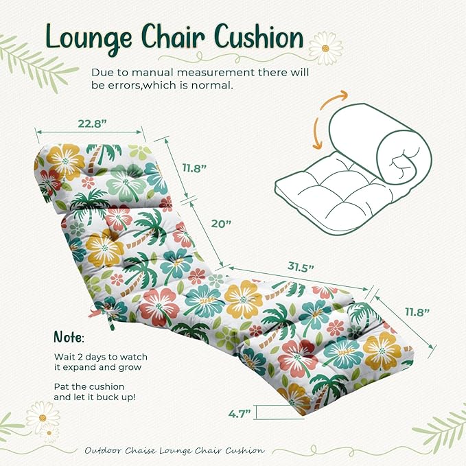 4 Pack Outdoor Chaise Lounge Chair Cushion 75.1 x 22.8 x 4.7 Inches 100% Waterproof Replacement Cotton Patio Pool Lounge Chair Cushion for Outdoor Furniture with Ties, Green Coconut Tree