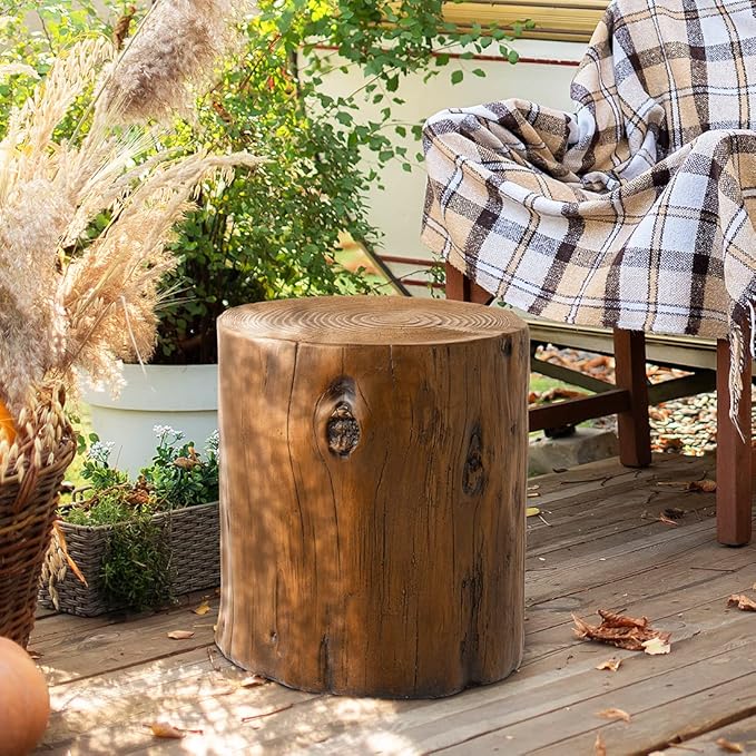 SUNBURY Stump Side Table, Concrete Side Table Garden Stool, Brown Tree Stump Plant Stand Holder for Garden Household Living Room