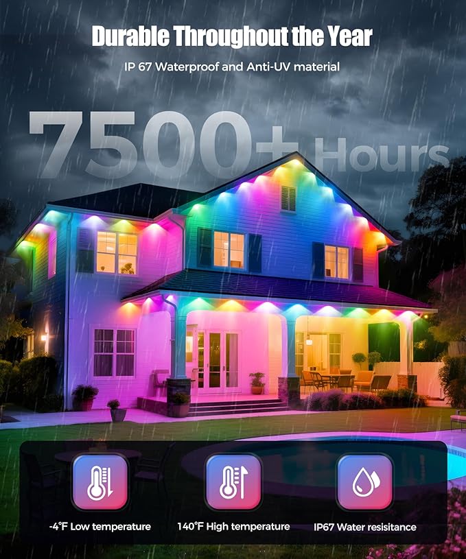 POOFZY Permanent Outdoor Lights for House,200ft RGB+IC Smart Outdoor Decor, 50 Scene Modes,App/Remote Control,for Christmas,Super Bowl,V-Day,Thanksgiving,Daily & Holiday Party Decor