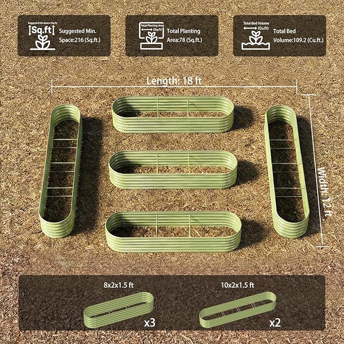 5-Pack 18” Tall Galvanized Raised Garden Beds – Everyday Kitchen Garden Layout, Fits 200 Sq Ft Patio or Backyard, 10x2x1.5 ft & 8x2x1.5 ft Metal Flower Bed for Herbs Vegetable-Brooklyn Grey