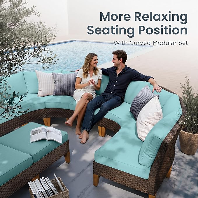 PHI VILLA 4-Piece Curved Patio Furniture Set, Half-Moon Wicker Sectional Furniture Sofa Set for 8 Seats with Cushioned 3 x Curved Sectionals and 2 x Ottoman, Aqua Blue