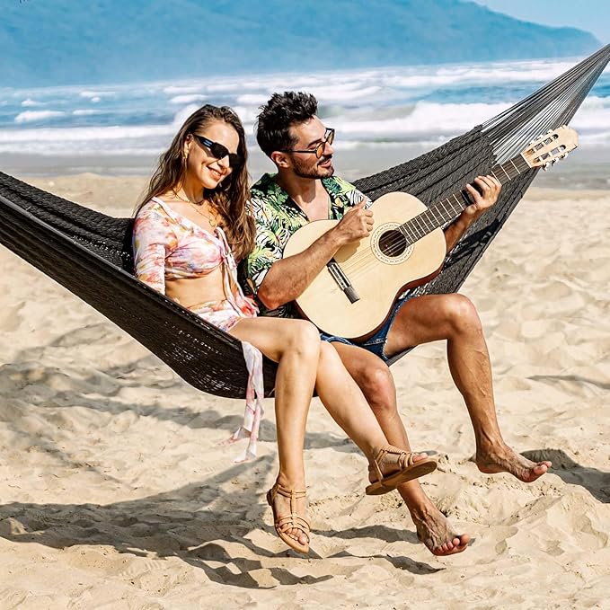 Lazy Daze Hammocks Handwoven Mayan Hammock, 10.5 FT Soft Rope Double Hammocks, Portable Outdoor Hammock with Carry Bag, 2 Straps & Carabiners for Patio Outside, 550 lbs Weight Capacity, Gray