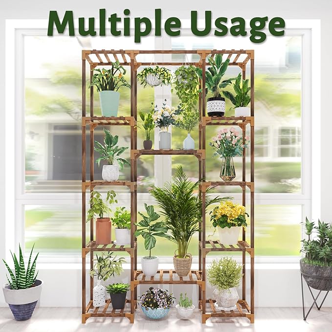 Uneedem Tall Indoor Outdoor Plant Stand - Large 12 Tier Plant Rack with Wooden Shelves for Room, Balcony, Garden, Patio
