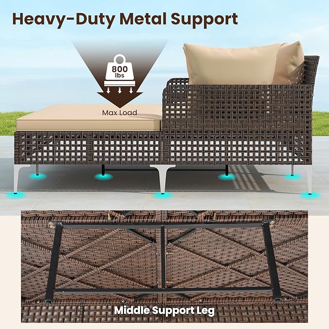 Tangkula Outdoor Rattan Double Daybed, Boho Wicker Chaise Lounge for 2 with Seat & Back Cushions, Outdoor Sunbed Loveseat with Metal Support for Backyard, Poolside & Deck (Brown)