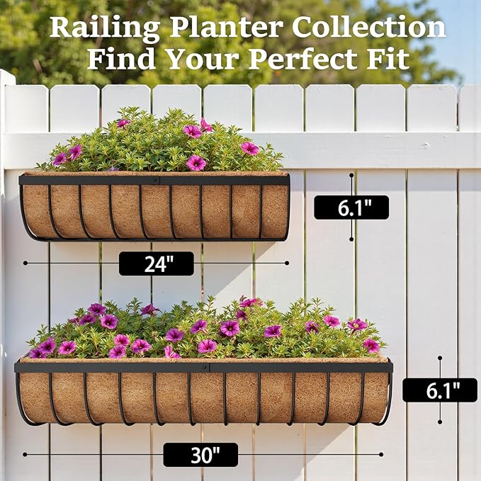 Railing Planter Boxes, 24 Inch Window Boxes Planters, Balcony Planters with Adjustable Brackets & Coco Liner & Support Rod for Outdoor Fence, Deck, Porch, and Patio Gardening, 3 Pack