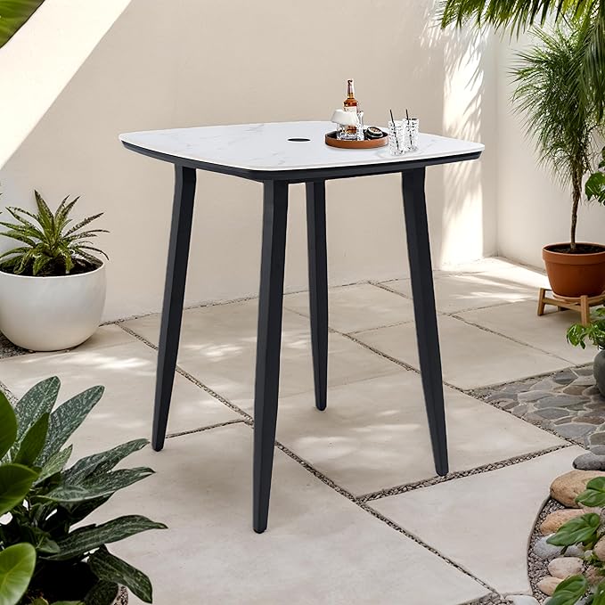 Modern 35.4'' Rounded Square Outdoor Bar Table, Greek White Marble-Inspired Sintered Stone Top, Umbrella Hole, Rust-Free Aluminum Frame, Ember Black, Weatherproof Table for Garden, Poolside