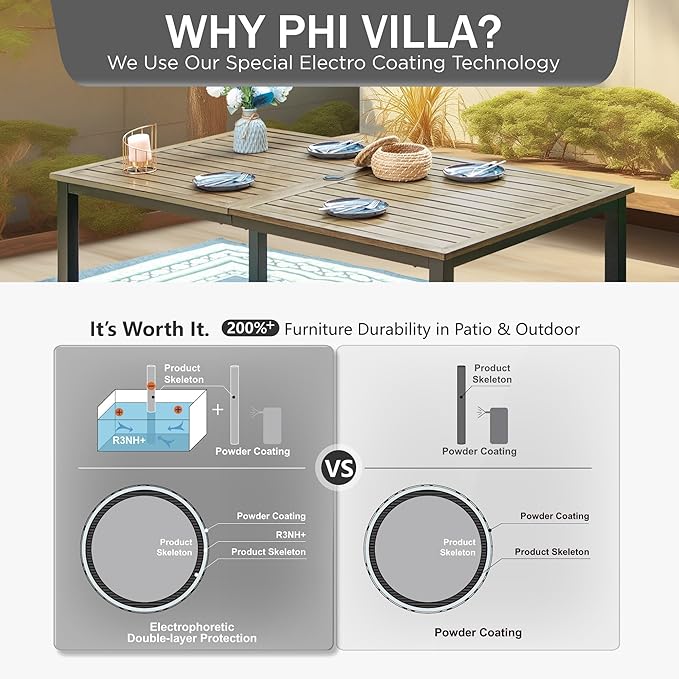 PHI VILLA 7 Pieces Outdoor Dining Set for 6, 65” Wood-Like Metal Steel Dining Table & Rattan Wicker Chairs with Cushions, Large Dining Furniture Set for Patio, Deck, Yard, Porch