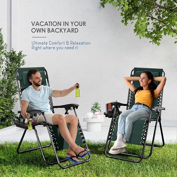 Nestl Zero Gravity Chairs Set of 2, Patio Lounge Chair Outdoor with Pillows & Cup Holder Trays, Adjustable Steel Mesh Reclining Camping Chair, Folding Patio Lawn Chair for Deck, Beach - Forest Green