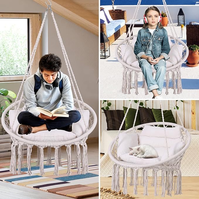 Goutime Hammock Chair, Macrame Hanging Swing Chairs with Cushion and Hardware Kit,Adult Boho Swings for Outside,Patio,Balcony,Bedroom (Beige)