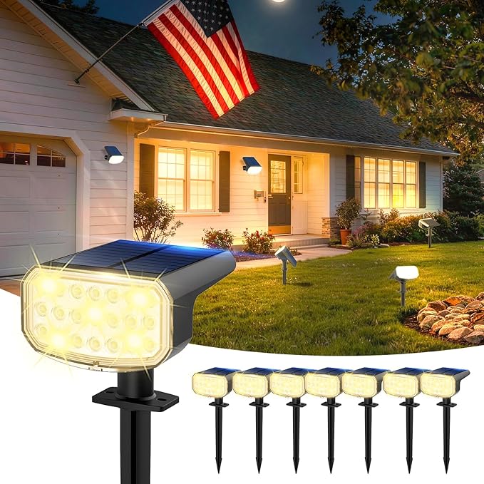 Solar Lights Outdoor Waterproof IP65, Super Bright LED with Lens, 3000K 2 Lighting Modes, Solar Powered Yard Garden Solar Spot Lights for Outside Landscape Auto On/Off -8 Pack