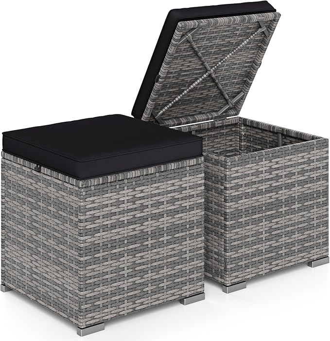 RELAX4LIFE Wicker Outdoor Storage Ottoman - 2-Piece Rattan Footstool w/Removable Cushion, Multipurpose Footrest Foot Stool Seating, Set of 2 Outdoor Ottomans for Patio Deck (Mix Grey-Black)