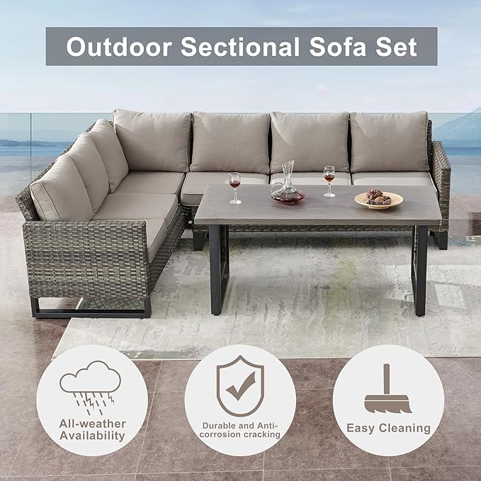 Belord Outdoor Sectional Sofa 6 Seater L Shaped Couch Wicker Patio Conversation Furniture Set Rattan Outdoor Furniture with Removable Washable Cushion Grey