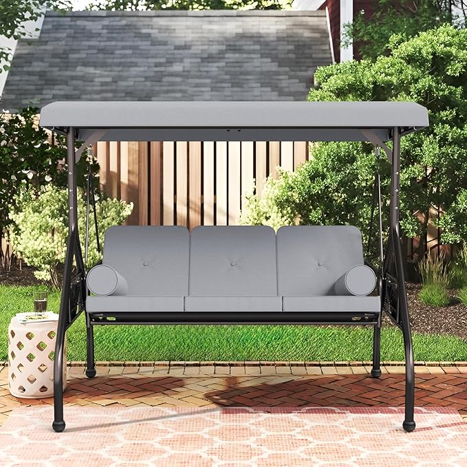 Oakcloud 3-Seat Outdoor Porch Swing with Adjustable Canopy, Large Converting Swing Chair, Patio Swing Glider with Pillows & Thick Cushions for Poolside Balcony Backyard (Grey)