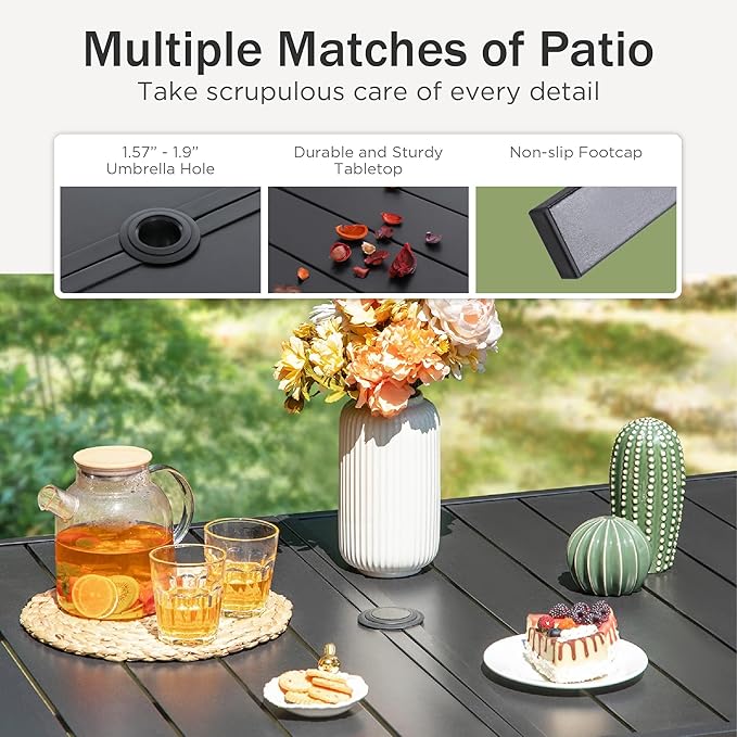 PHI VILLA 7 Piece Outdoor Dining Set for 6, 60” Rectangular Metal Steel Table with Umbrella Hole & Stacking Wrought Iron Chairs, Large Furniture Set for Patio, Deck, Yard - Black