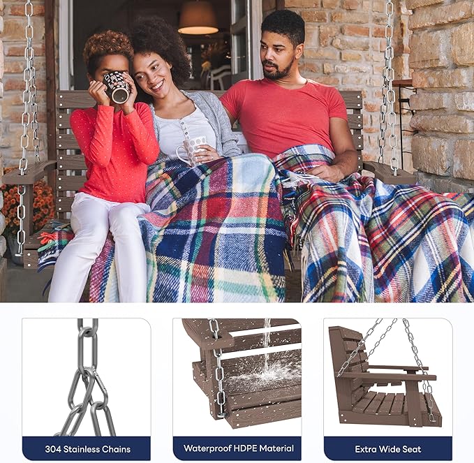 KINGYES Outdoor Hanging Porch Swing Set of 2, Waterproof Swing with Cup Holders for Courtyard & Garden, 660LBS Weight Capacity, Brown