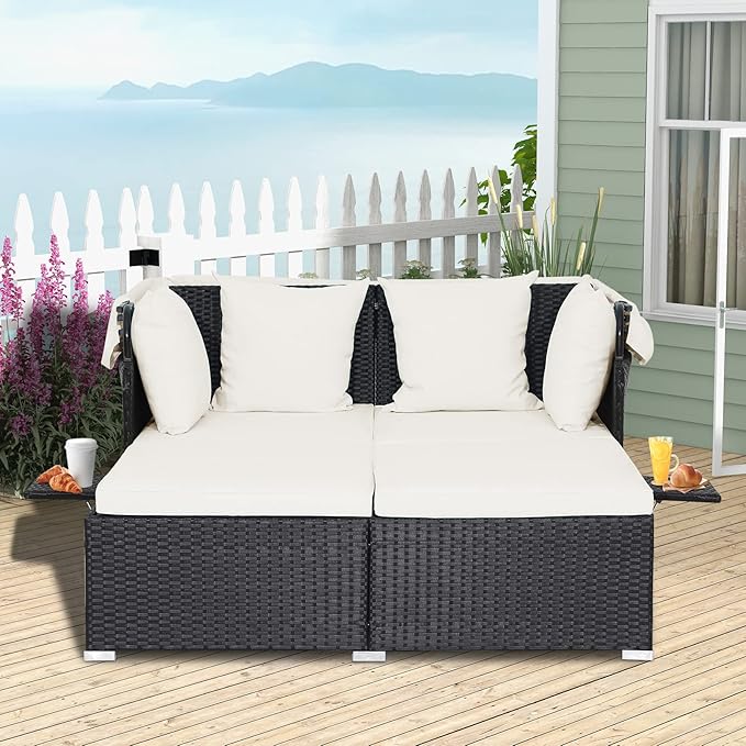 ORALNER Outdoor Daybed, 2-Person Wicker Patio Sofa with Retractable Canopy, Cushions & Pillows, 2 Side Trays, PE Rattan Double Sunbed Lounger for Deck Poolside Backyard Garden Balcony (Off-White)