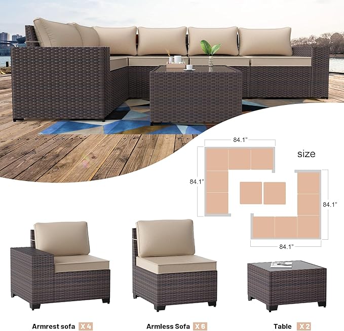 Kullavik Outdoor Patio Furniture Set,12 Pieces Sectional Rattan Sofa Set Brown PE Rattan Wicker Patio Conversation Set with 10 Seat Cushions and 2 Tempered Glass Coffee Table,Sand
