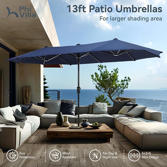 PHI VILLA Outdoor Patio Dining Set with Umbrella for 6 Person, Outdoor Swivel Dining Chairs & 1 Large Wooden-Like Top Table with 13ft Navy Blue Outdoor Umbrella(No Base) for Deck Lawn Garden Backyard
