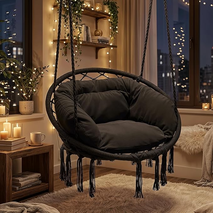 Magshion Hanging Hammock Chair with Cozy Full Cushion Offer Extra Support, Backyard Hanging Macrame Swing Chair for Porch, 350 Lbs Capacity, Comfortable Hammock for Relaxation and Enjoyment (Black)