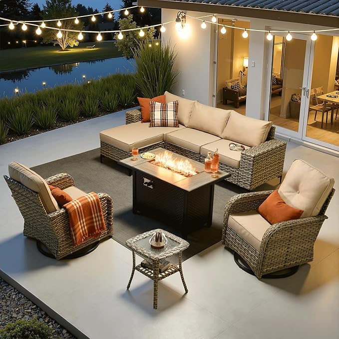 ovios 8-Piece Patio Furniture Set with L-Shape Sofa Chaise, Outdoor Sectional Couch Swivel Gliders Fire Pit Table, Modern Modular Wicker Rattan Conversation Set, Beige