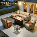 ovios 8-Piece Patio Furniture Set with L-Shape Sofa Chaise, Outdoor Sectional Couch Swivel Gliders Fire Pit Table, Modern Modular Wicker Rattan Conversation Set, Beige