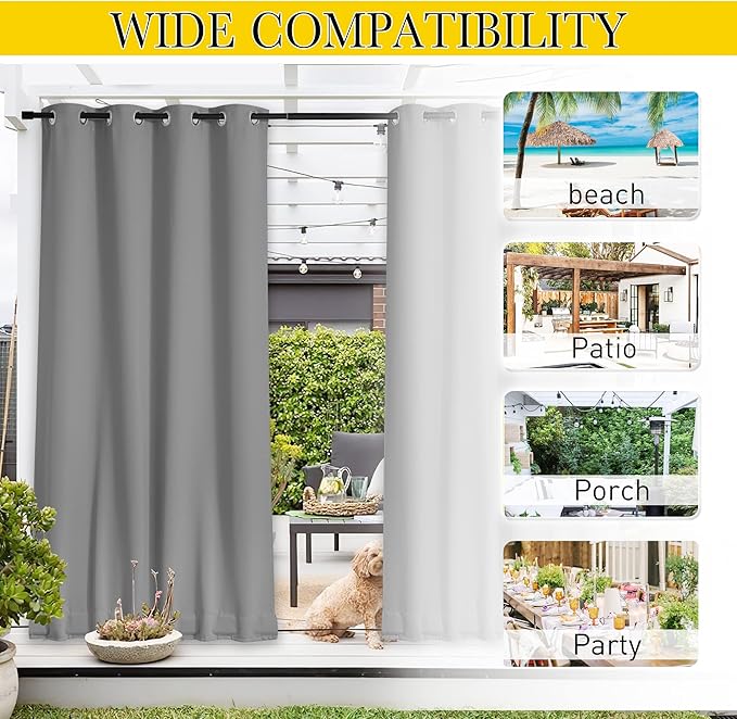 NICETOWN 2 Panels Outdoor Curtains for Patio Waterproof & Windproof, Extra Wide Grommet & Back Tab on Top & Bottom Thermal Insulated Sun Blocking Drapes with Rope for Deck, Silver Grey, W100 x L108