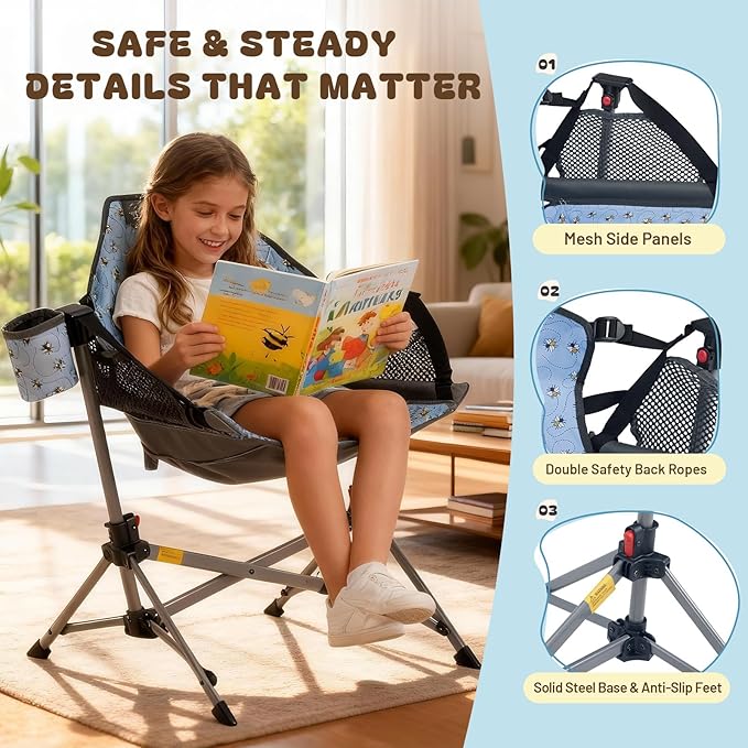BusyBee Hammock Camping Chairs for Kids, Folding Kids Chair with Stand, Child Camping Gear, Hammock Swing Chair with Cup Holder & Carrying Bag for Outdoor, Lawn, Hiking, Indoor, Supports 125 LBS, Blue