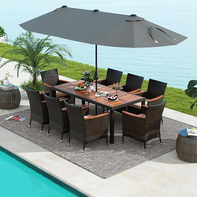 Tangkula 11 Piece Rattan Outdoor Dining Set with 15Ft Patio Umbrella for 8, Outdoor Wicker Table Set with 8 Cushioned Armchairs, Acacia Wood Top, Outdoor Umbrella with Base Included
