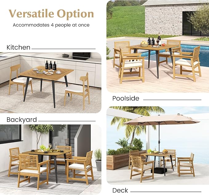 Tangkula 42.5" Acacia Wood Outdoor Dining Table for 4, Patio Table with 1.9" Umbrella Hole, Metal Legs & Adjustable Foot Pads, 4-Person Outside Table for Garden, Poolside & Backyard