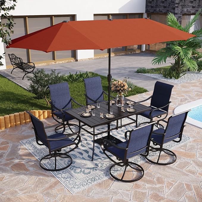 PHI VILLA 8 Piece Patio Dining Set with 13ft Patio Umbrella (Orange Red), 6 Outdoor Swivel Dining Chairs & 1 Large Metal Dining Table with 1.57" Umbrella Hole, for Lawn Garden Backyard