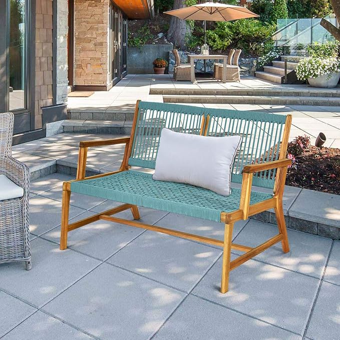 Tangkula 2-Person Patio Acacia Wood Bench Loveseat Chair, Outdoor Patio Acacia Wood Bench in Teak Oil Finish, Patio Loveseat Rope Chair for Balcony Deck Poolside Porch (Turquoise)