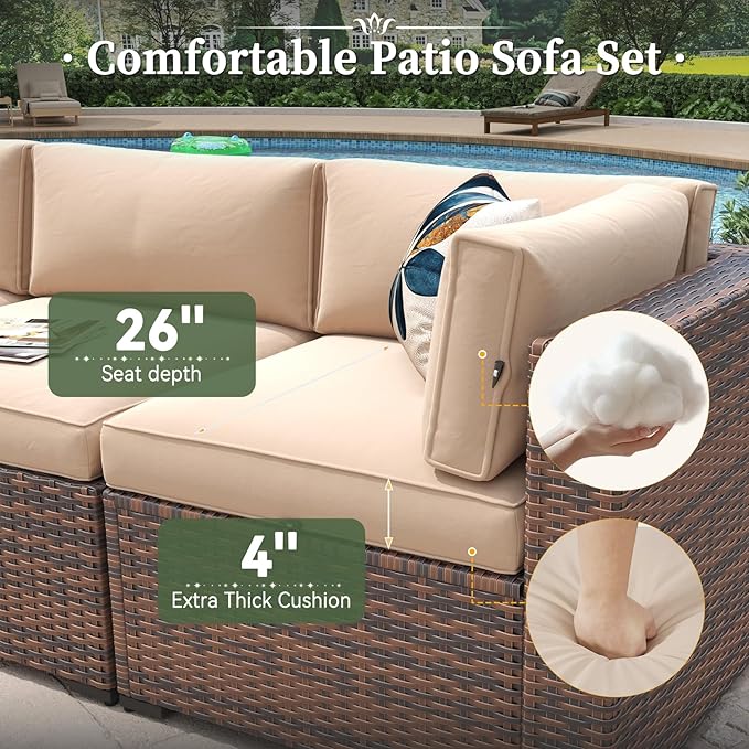 Aoxun 10 Piece Patio Furniture Set Wicker Rattan Patio Conversation Set Outdoor Sectional Sofa Set with Coffee Table and 4” Thickened Cushions, Beige(Waterproof Cover Included)