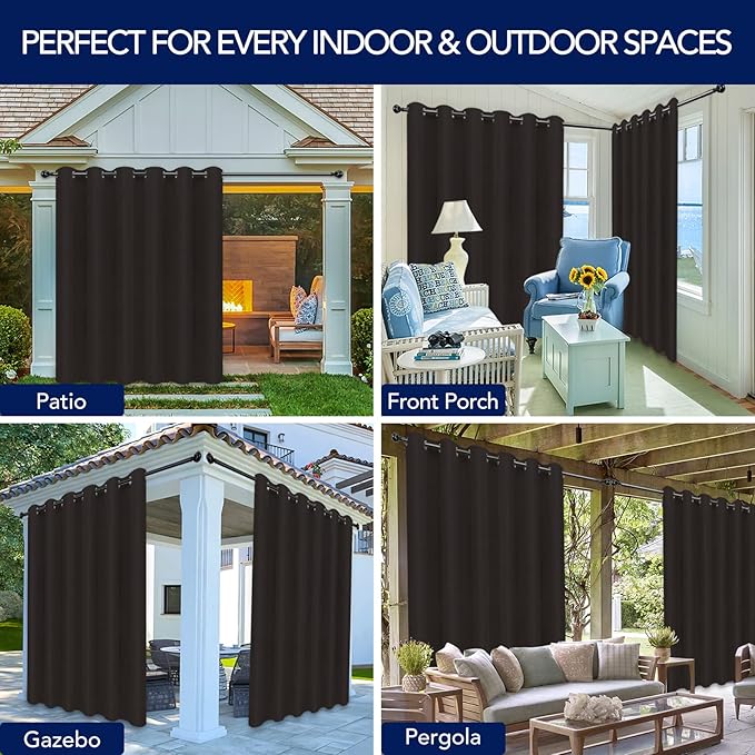 PureFit Outdoor Curtains for Patio Waterproof Weatherproof, UV and Fade Resistant Outside Curtains for Gazebo, Front Porch, Pergola, Sun Blocking Privacy Curtain, 100W x 95L inch, 1 Panel, Chocolate