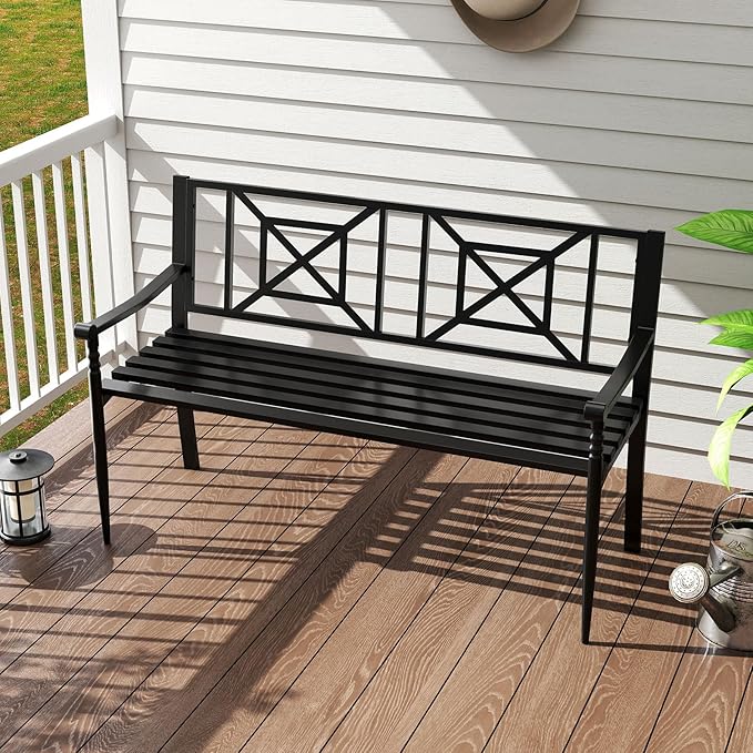 Giantex Metal Outdoor Bench with Backrest, Curved Armrests, Non-Slip Foot Pads, Slatted Seat for 2-3 Persons, Load 660lbs, Loveseat, Patio Bench for Garden, Yard, Poolside, Lawn, Porch, Park, Black