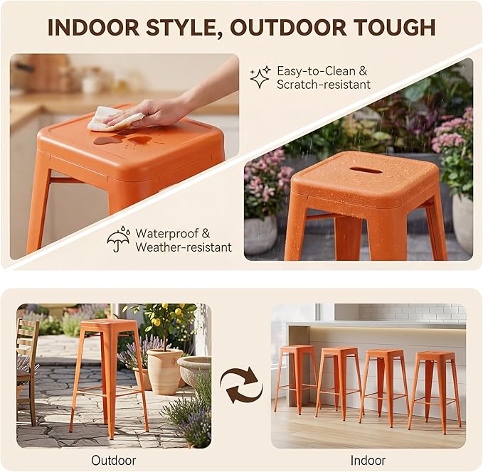 Shahoo 30 Inches Metal Bar Stools Counter Height Stackable Backless Stools, Industrial Patio Stools Indoor Outdoor Metal Kitchen Stools Set of 4 (Orange, 30'')