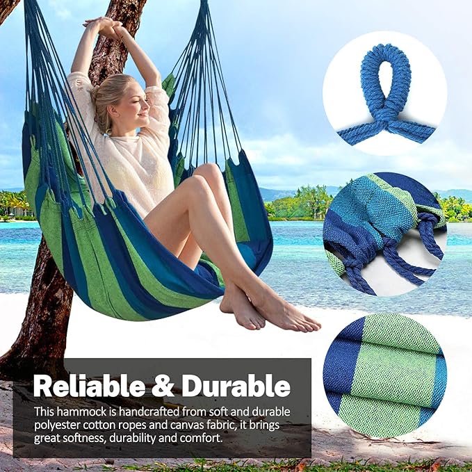 KPX Ourdoor Hanging Hammock Chair – Comfortable Tree Swing Chair Large Size 110X130cm（Without Pillows） - 330 Lbs Weight Capacity (Blue/Green)