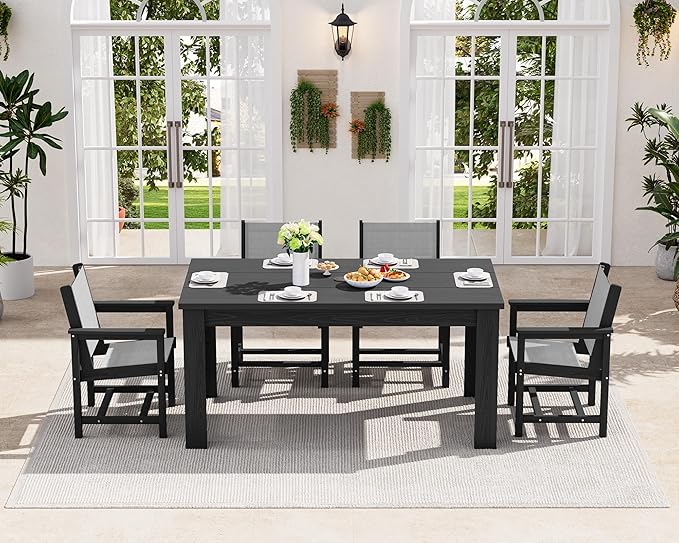 SERWALL Outdoor Dining Sets for 4 with 1 Umbrella Hole Cut-Out Rectangular Table and 4 Textilene Chairs, Patio Dining Table Sets for Garden, Backyard, Poolside, Black
