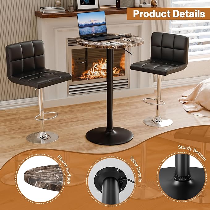 Flamaker Round Bistro Pub Table 23.6 Inch Height Adjustable 360° Swivel Bar Table Metal Base for Pub, Dining Room, Party (1, Marble-Black)