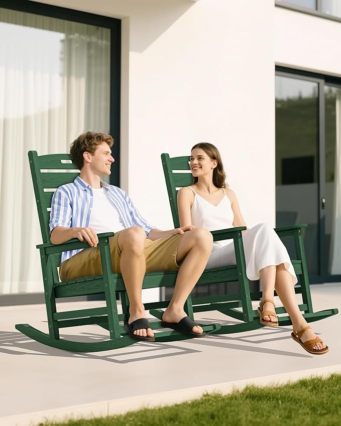 SERWALL Outdoor Rocking Chair Set of 2, Oversized Rocking Chair with Footboard for Adults, HDPE All Weather Resistant Rocking Chairs for Patio, 350lbs Weight Capacity,Green