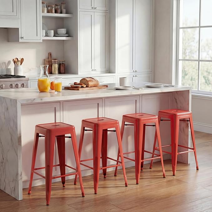 Shahoo 24 Inches Metal Bar Stools Counter Height Stackable Backless Stools, Industrial Patio Stools Indoor Outdoor Metal Kitchen Stools Set of 4 (Red, 24'')
