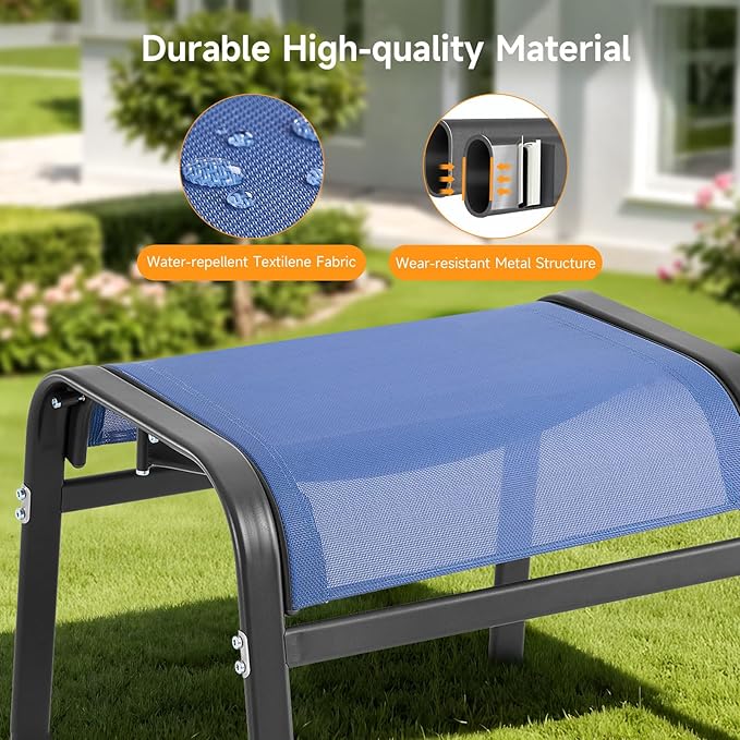 ONBRILL Outdoor Ottoman Set of 2, All Weather Outdoor Foot Stool with Supportive Textliene and Metal Frame, Stackable Oversized Outdoor Foot Rest for Furniture Patio Garden Pool, Blue