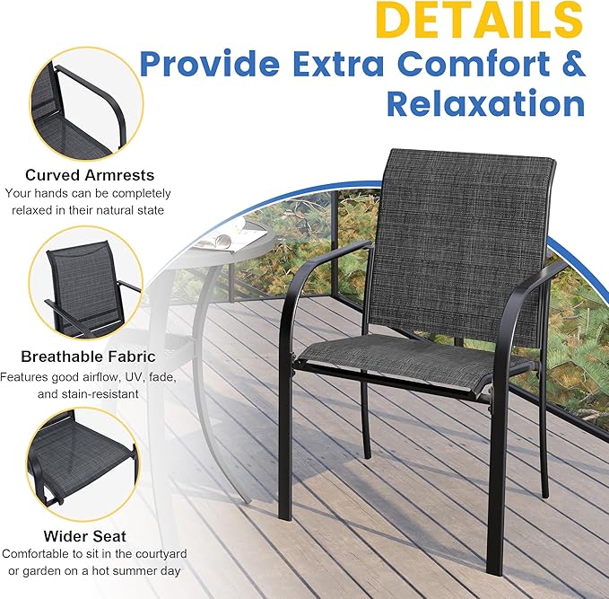 VICLLAX Patio Dining Set for 6, 7 Pieces Outdoor Furniture Set- 47" Round Patio Table and Stackable Chairs, Black Tabletop and Grey Fabric