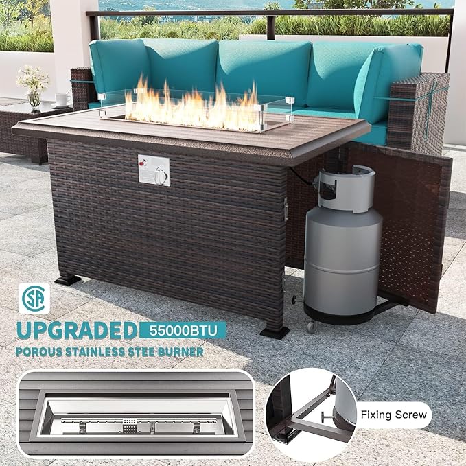 Kullavik 8 Pieces Outdoor Patio Furniture Set,Sectional Sofa Set with 43" 55000 BTU Gas Propane Fire Pit Table,Brown PE Rattan Wicker Patio Conversation Set,Turquoise Blue